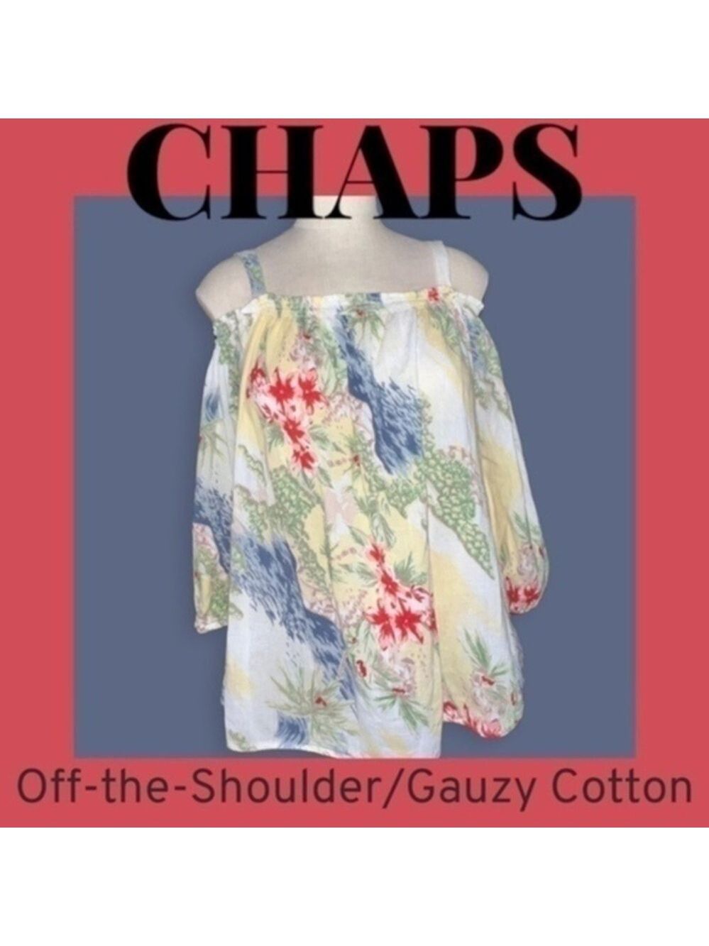 CHAPS 100% Cotton Gauzy Tropical Print Off the Shoulder Blouse